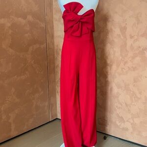 Chic Strapless Red Jumpsuit with Bow Detail